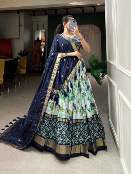 Women's Luxurious Tussar Silk Lehenga Choli with Intricate Prints & Can-Can Flair